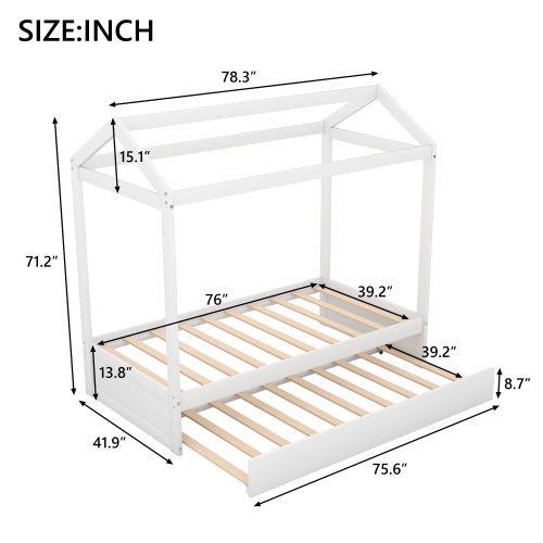 House Bed With Trundle, Can Be Decorated,White