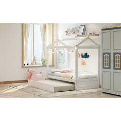 House Bed With Trundle, Can Be Decorated,White