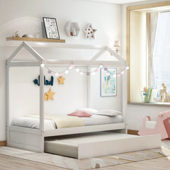 House Bed With Trundle, Can Be Decorated,White